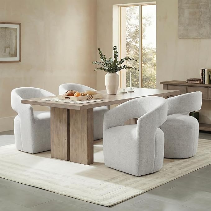 Upholstered Dining Chairs with Casters, No Assembly Modern Barrel Armchair with Rollers for Dining Room, Bedroom, Living Room, Reading Room, Home Office, Set of 2, Light Grey