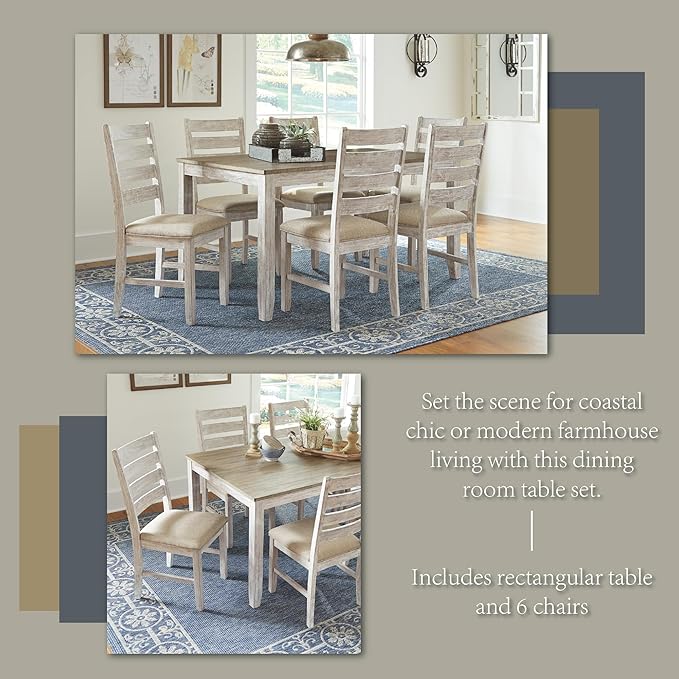 Signature Design by Ashley Skempton Cottage Dining 7 Piece Set – Rectangular Table & 6 Upholstered Chairs | Coastal Chic Meets Farmhouse, Whitewash
