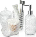 Bathroom Accessories Set, 4 Pack Clear Glass Bath Accessory Sets Complete, Diamond Soap Dispenser and Toothbrush Holder Set for Bathroom Counter Organizer Essentials, Modern Bathroom Decor