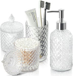 Bathroom Accessories Set, 4 Pack Clear Glass Bath Accessory Sets Complete, Diamond Soap Dispenser and Toothbrush Holder Set for Bathroom Counter Organizer Essentials, Modern Bathroom Decor