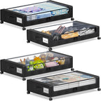 Under Bed Storage with Wheels, 4-Pack Under the Bed Storage Containers with Clear Lids & Label, Underbed Storage Bins, XXL 60L Rolling Metal Drawer for Clothes, Shoes, Toys, Books - Black