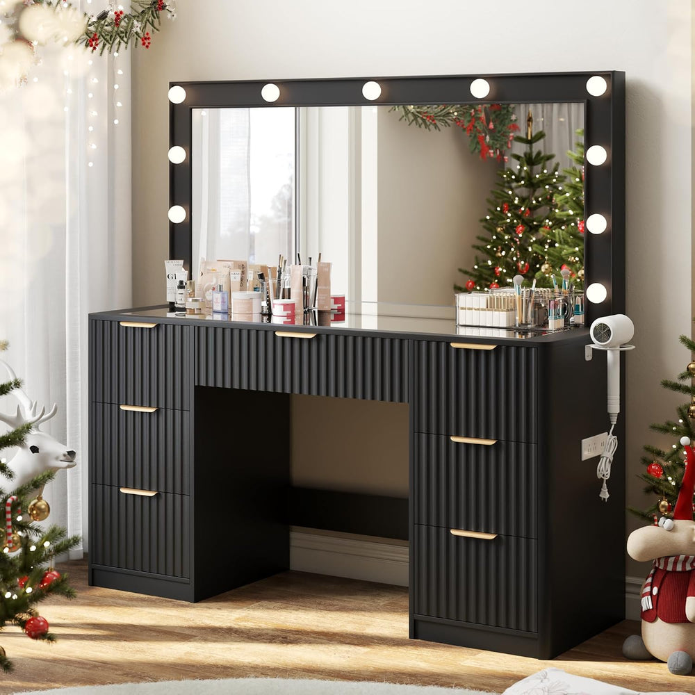LUXOAK 47" Makeup Vanity Desk with Large Mirror & LED Lights, Black ...
