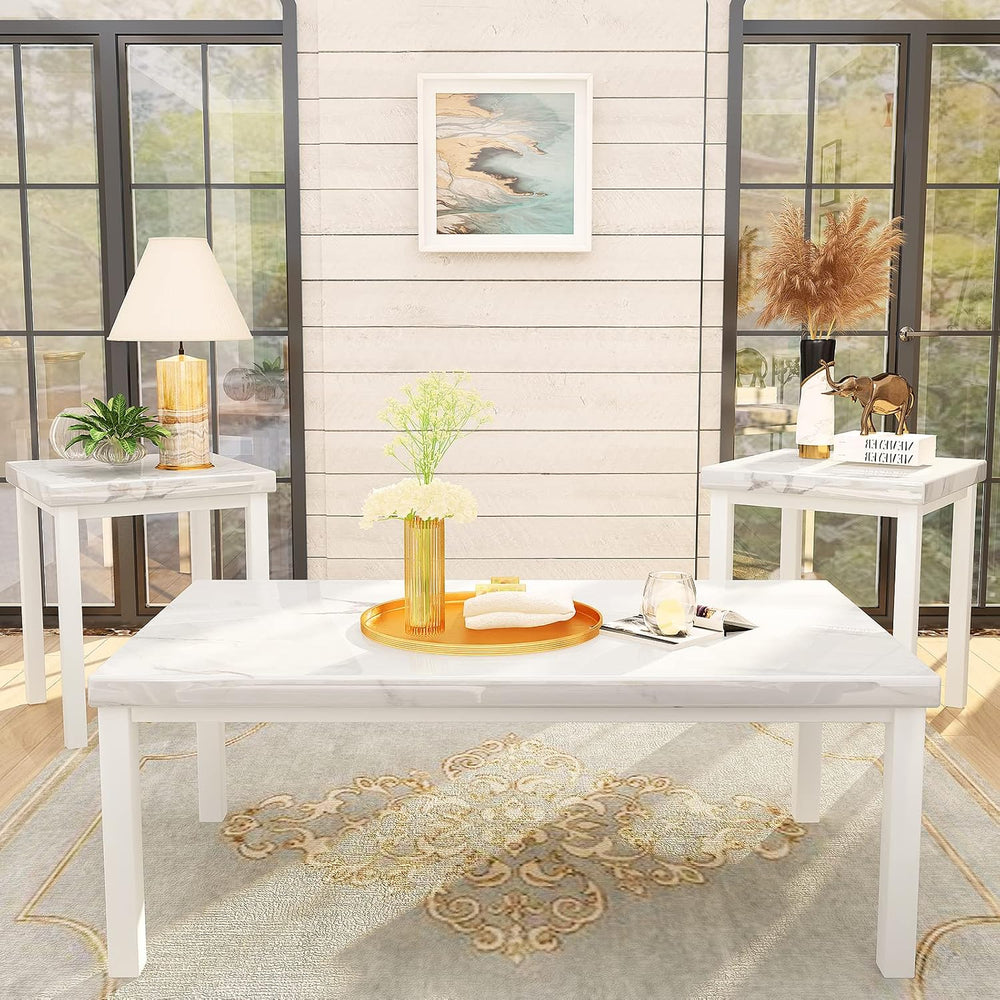DKLGG Faux Marble Coffee Table Set of 3 Piece, Living Room Table Set Coffee T...