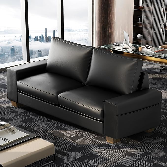 Faux Leather Couch, Mid Century Modern Comfy Loveseat Sofa with Wide Arm, Side Pockets, Solid Wooden Frame for Office, Living Room and Bedroom, 2 Seater (Black, 71.25 Inches)