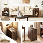Yoobure End Table with Charging Station - Narrow Side Table for Living Room, Fluted Night Stand with Drawer and Storage Cabinet, Wood Nightstand with Adjustable Shelf for Bedroom Small Spaces, Walnut