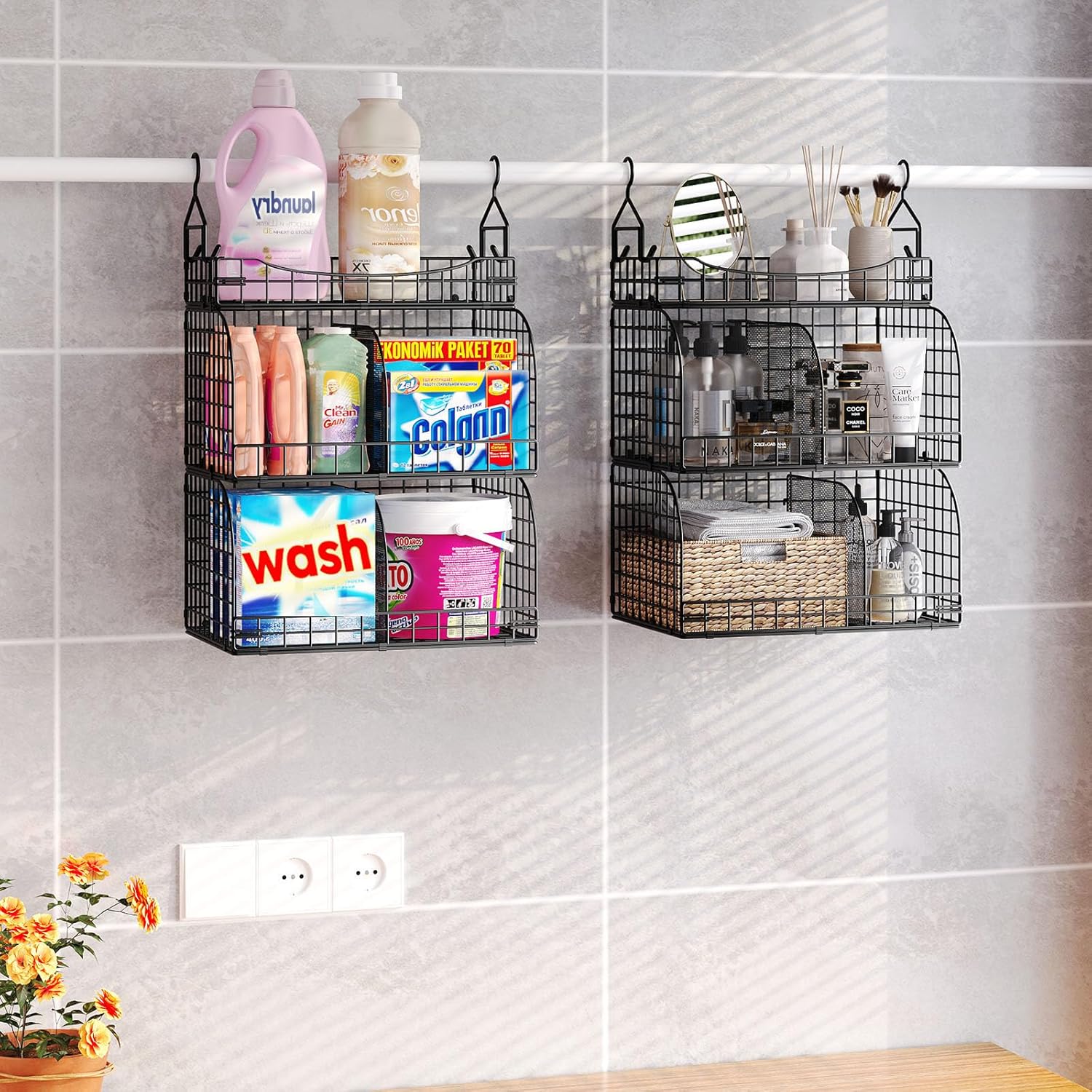 HapiRm Hanging Closet Organizer Storage - 3 Tier Metal Stackable Hanging Closet Shelves with Dividers and S Hooks, Foldable Clothes Shelves for Clothes, Pants, Shoes, Coat, Hats Clutches Accessories