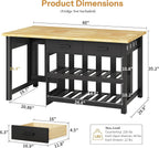 DynJest 60" Solid Rubberwood Kitchen Island with Storage & Leg Room, Black | Coffee Bar Buffet Cabinet w/ Fridge Space & Power Outlets, 2 Drawers & 6 Hooks, Large Countertop, for Home Office Dining Room