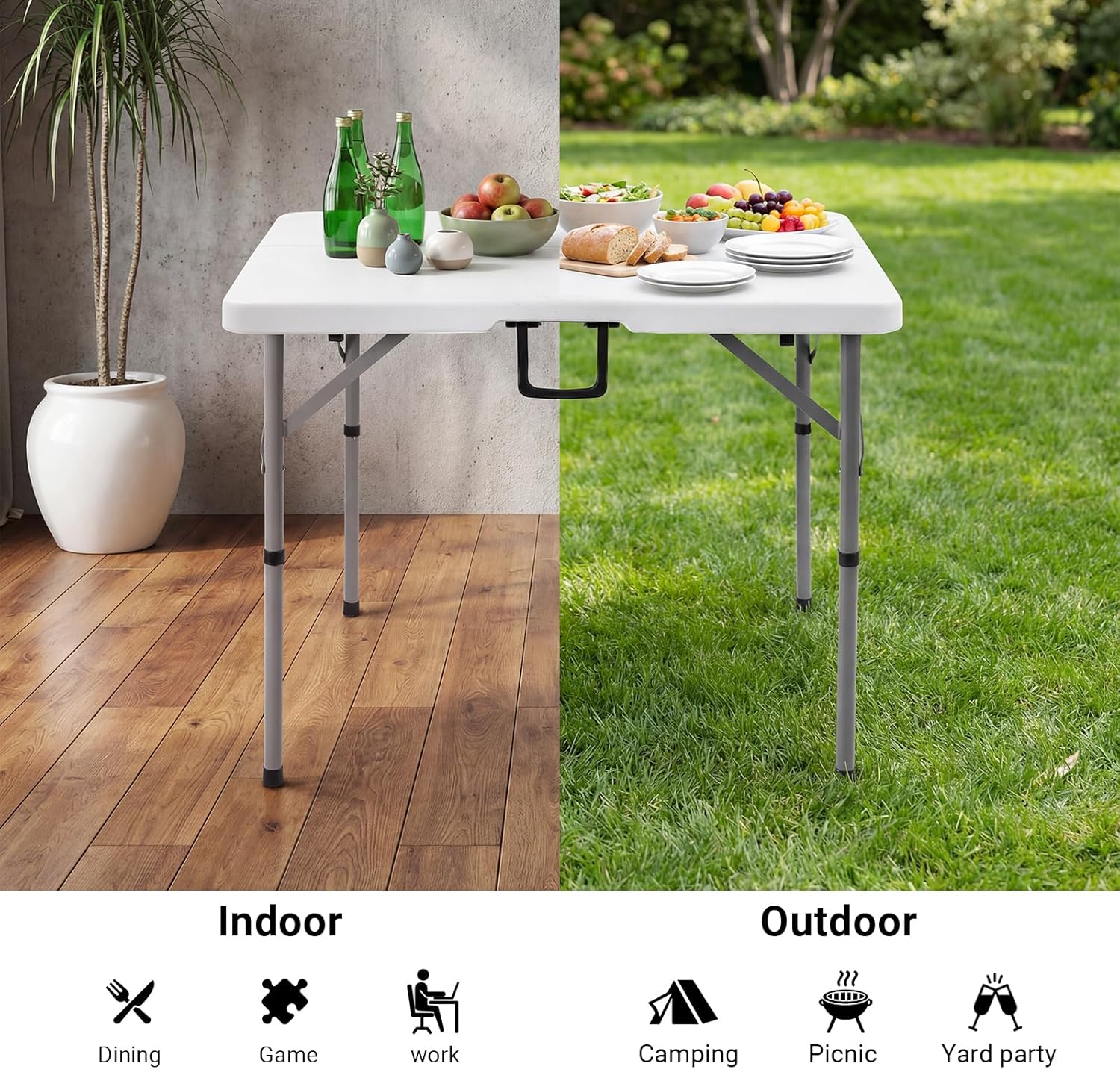 Byliable 34" Folding Square Card Table, Portable Heavy Duty HDPE Fold-in-Half Folding Table with Carrying Handle for Indoor/Outdoor Use – Ideal for Picnic, Camping, Parties, White