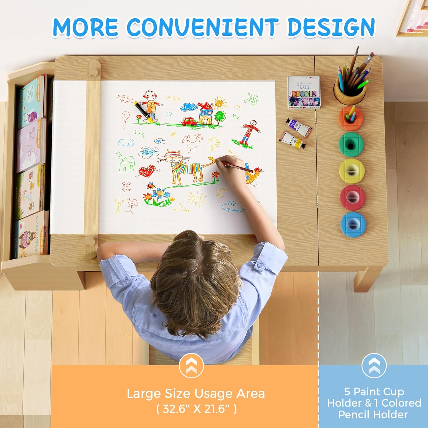 5-in-1 Kids Art Table and Chairs, Toddler Table and Chair Set, Craft Play Desk for Kids, Convertible Art Easel with Paper Roll Holder & Storage Drawers, Children Activity Learning Center - Nature Wood