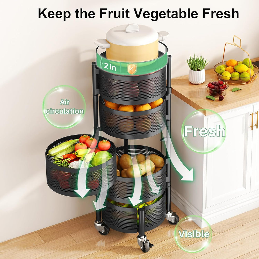 SAYZH 5 Tier Fruit Vegetable Basket Stand for Kitchen, Rotating, Black | Roll...