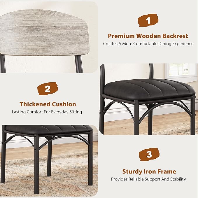 Dining Chairs Set of 4 - Upholstered Dining Room Chairs with PU Leather, Industrial Kitchen Chairs with Wooden Backrest and Thickened Metal Legs, for Dining Room, Living Room（Gray）