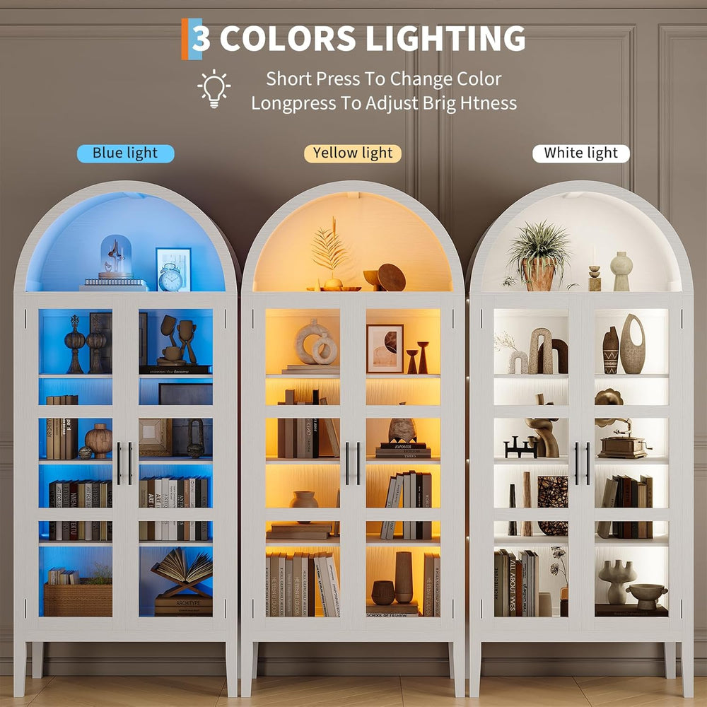 70" Tall Arched Pantry Cabinet with Tempered Glass Doors and LED Lightin...