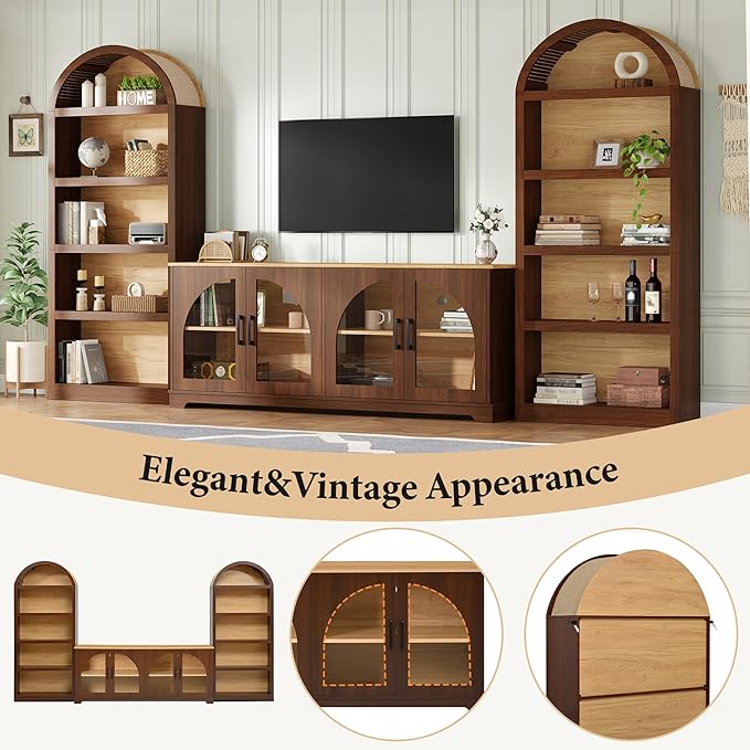 3-Piece Farmhouse TV Stand Set with Bookshelf for TVs Up to 70", Two-Tone Wood Grain Entertainment Center with Arched Design, Retro Sideboard with Tempered Glass Doors for Living Room (Walnut+Natural)