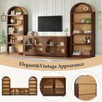 3-Piece Retro TV Stand Set with Bookshelf, Entertainment Center with Arched Design for TVs up to 70'', Farmhouse Media Console with Tempered Glass Doors for Living Room, Walnut