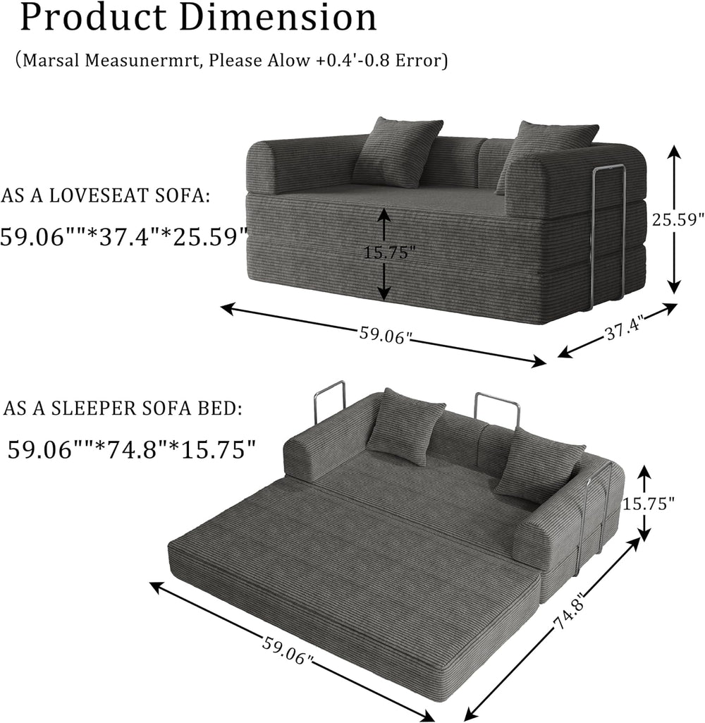 Futon Sofa Bed Modular Loveseat Sleeper Folding Pull Out Couch with Pillows, ...