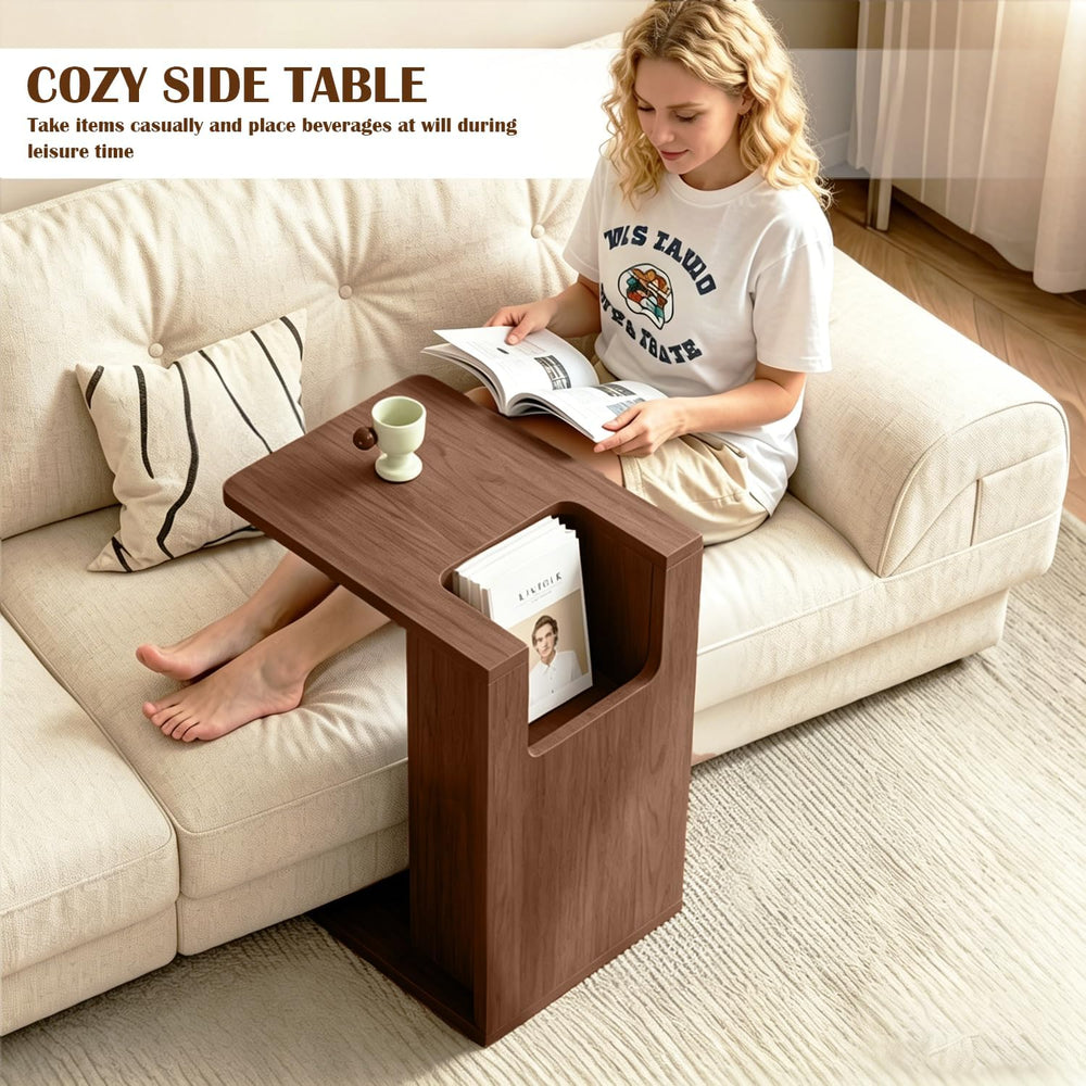 Modern C Shaped End Table for Couch,Walnut Solid Wood Nightstand,Slide Under ...