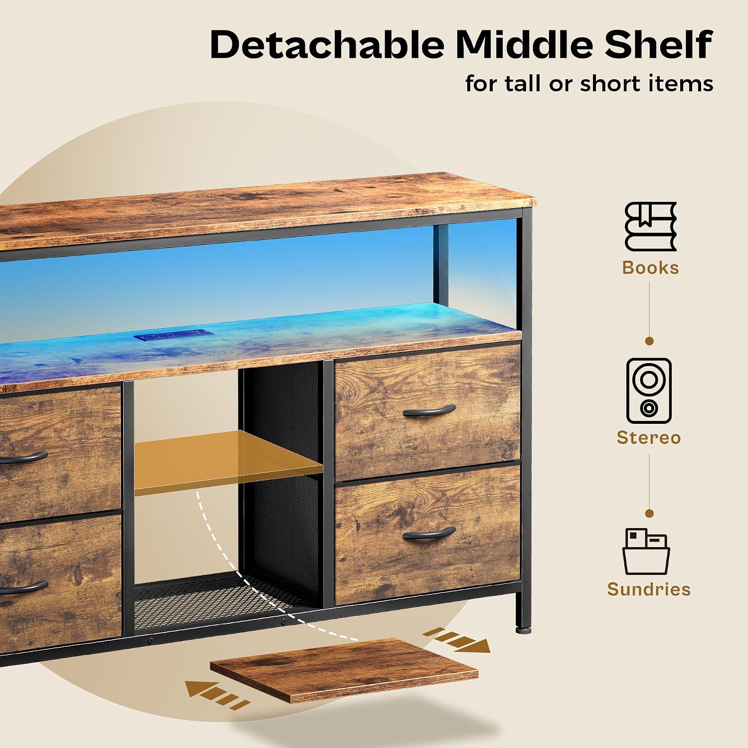 Huuger 47 Inch TV Stand Dresser with Power Outlets and LED Lights, Fabric Dresser for Bedroom, 4 Drawers Entertainment Center with Open Shelf, Media Console for 55 50 Inch TV, Rustic Brown