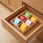 2 Pack Bamboo Tea Bag Organizers, Wooden Tea Storage Holder with 6 Roomy Compartments, Sturdy Teas Chest Boxes for Countertops Desk Drawer Shelf Coffee Station Sugar Packet Small Packets