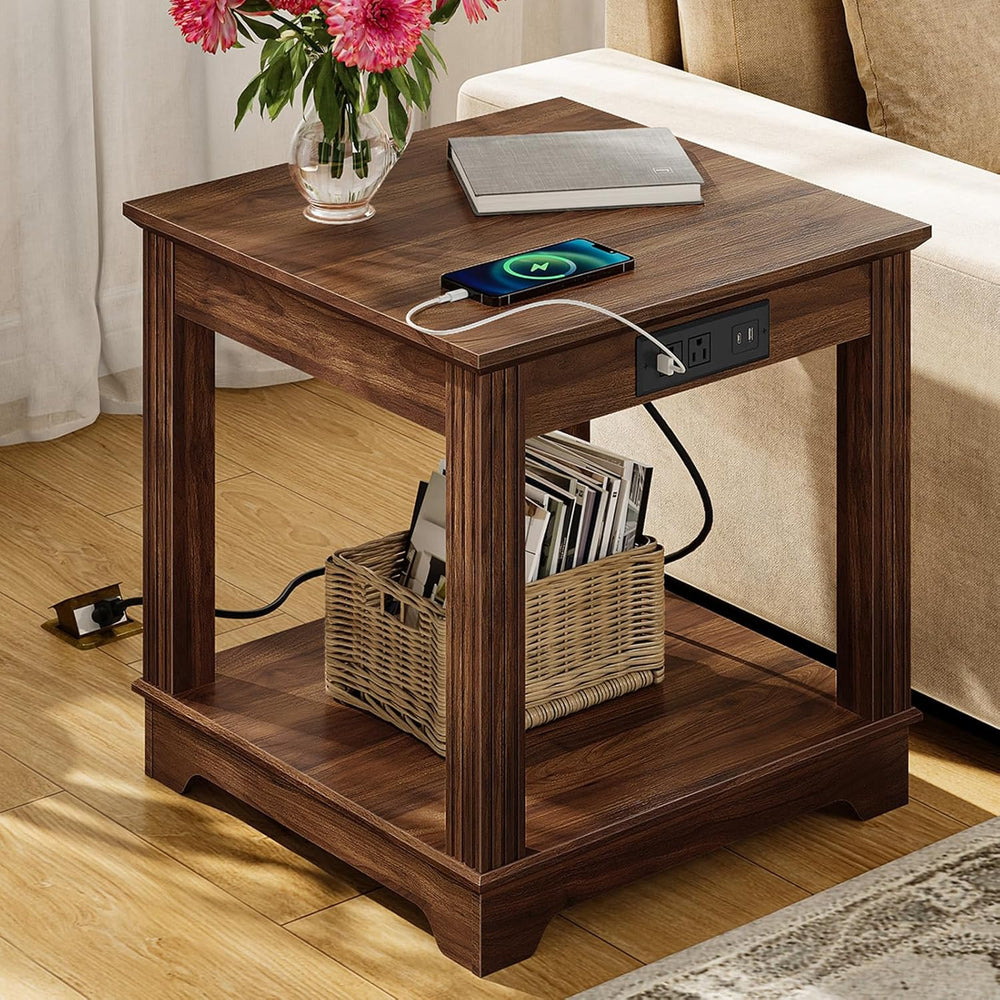 CHOEZON Farmhouse End Table with Charging Station, 2-Tier Large Side Table, S...