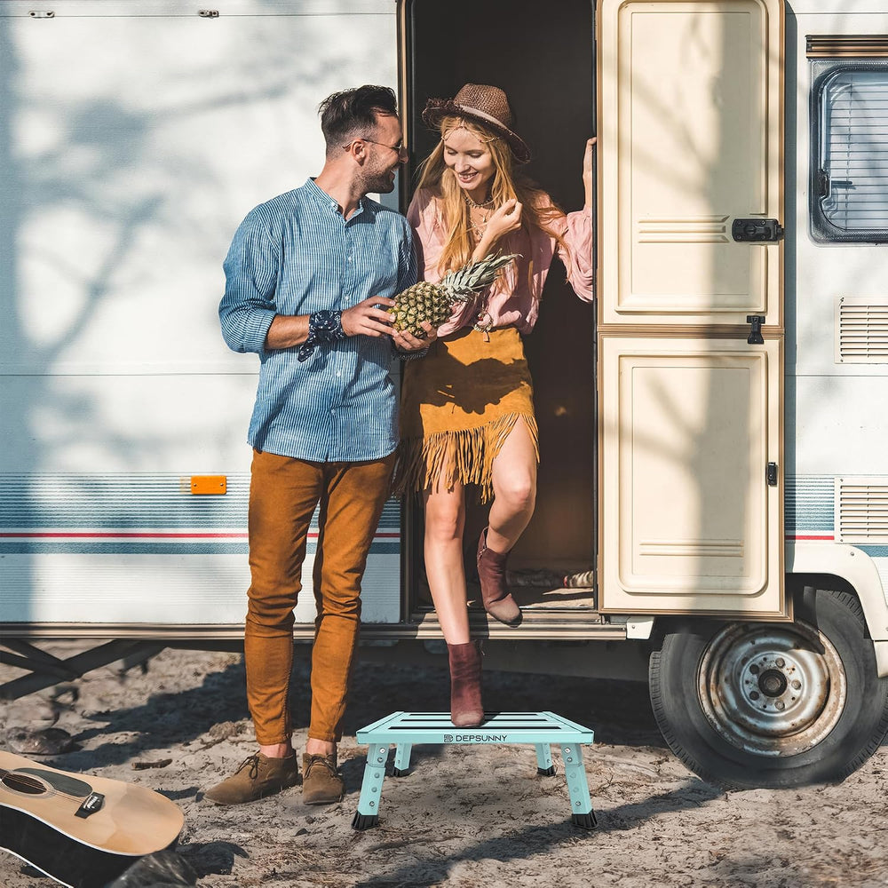 Adjustable RV Step Stool, Wide Platform, Foldable Legs, Green