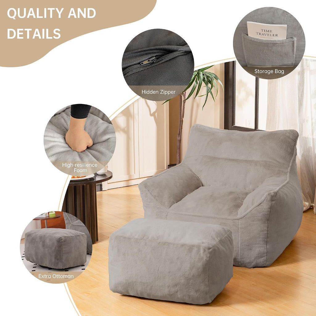 Cvortll Bean Bag Chair with Ottoman, Ultra Soft Fluffy Faux Fur Bean Bag Chairs with Foot Rest, Comfy BeanBag Sofa with Memory Foam, Armchair for Living Room, Bedroom & Game Rooms (Gray)