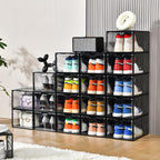 12 Pack Stackable Shoe Storage Organizer with Magnetic Door, Shoe Boxes Clear Black Plastic for Closet, Shoe Rack for Sneaker Boot Container, Shoe Cabinet Fit up to US Size 12