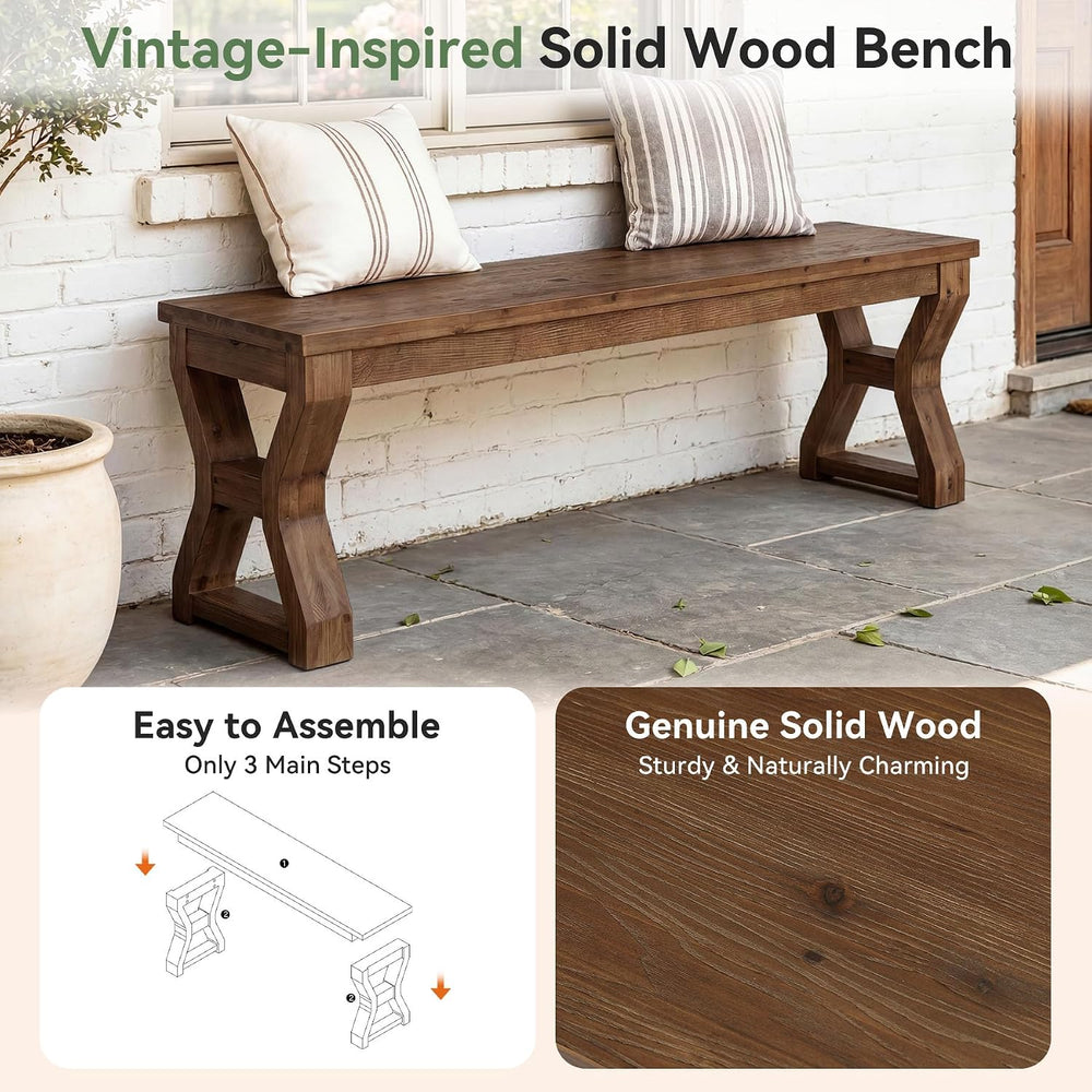 Set of 2 Solid Wood Dining Bench with Sturdy X-Cross Legs | 55" Farmhous...