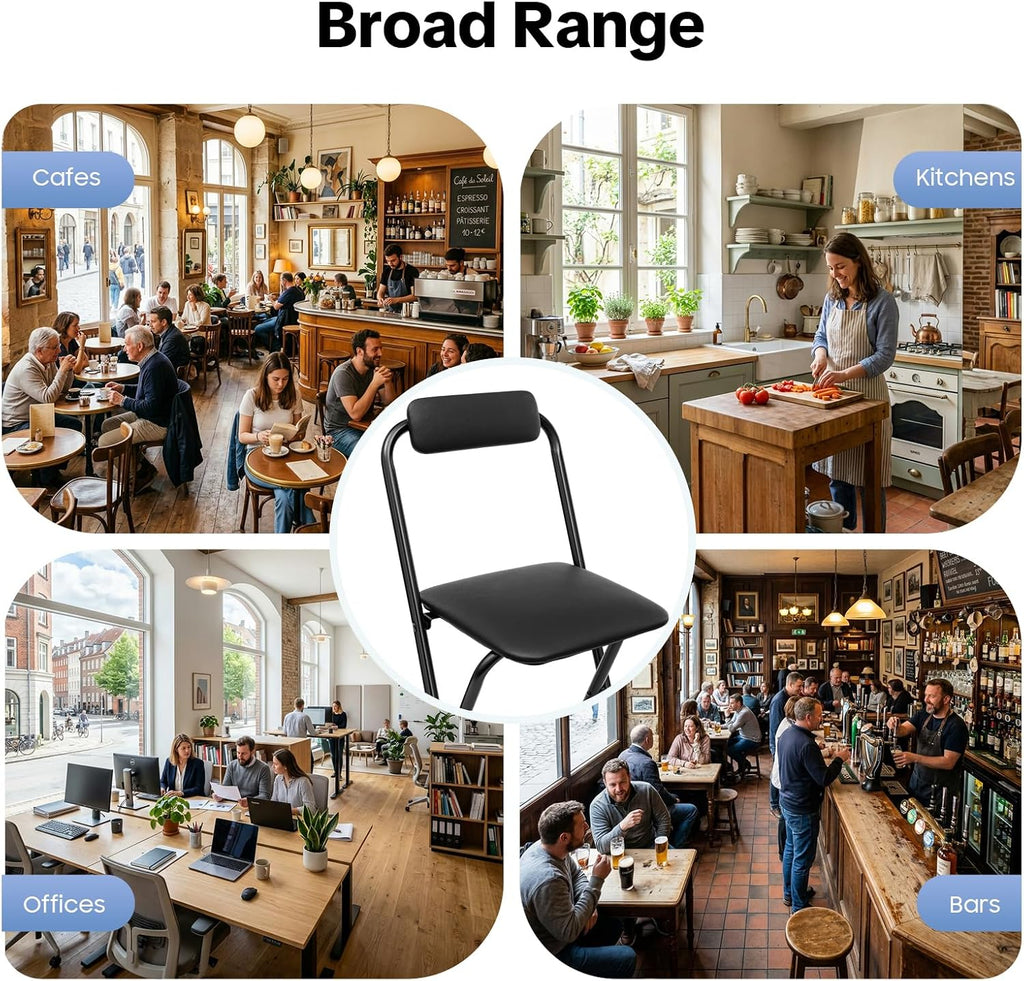 2 Pcs Folding Bar Stool with Backrest, Tall Foldable Stool Chair with PVC Foot Caps Portable Bar Chair Counter Height Seat Leather Padded for Kitchen Island Shop Cafe Dining Room (Black)