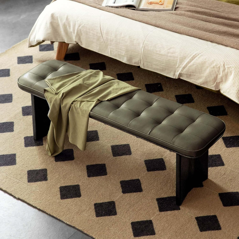 47.2'' Leather Upholstered Dining Bench with Legs & Green Cushion...