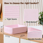 Large Shallow Organizing Baskets 15x11x5.1 Inches - Rope Woven Storage Bins for Bathroom, Shelves, Cube Closet, Light Pink 3 Packs