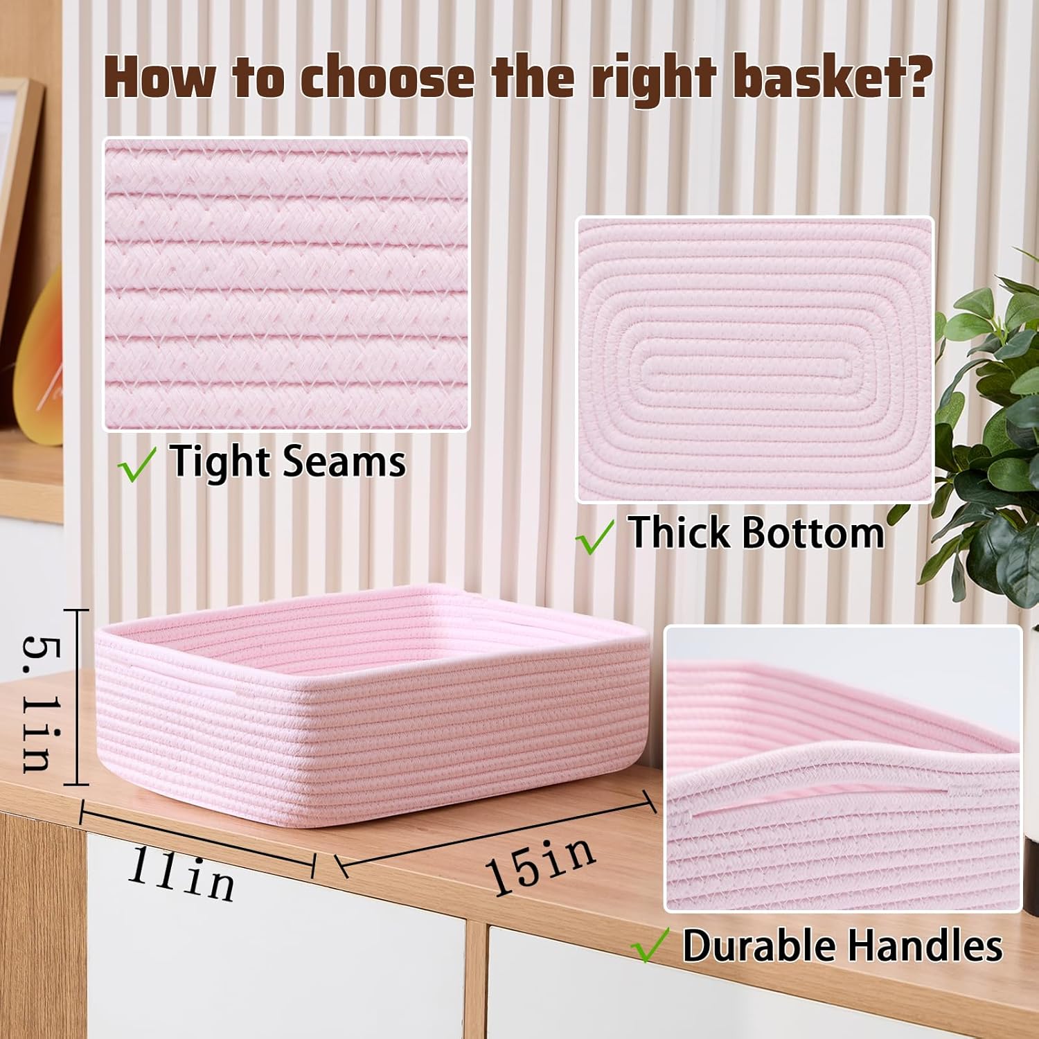 Large Shallow Organizing Baskets 15x11x5.1 Inches - Rope Woven Storage Bins for Bathroom, Shelves, Cube Closet, Light Pink 3 Packs