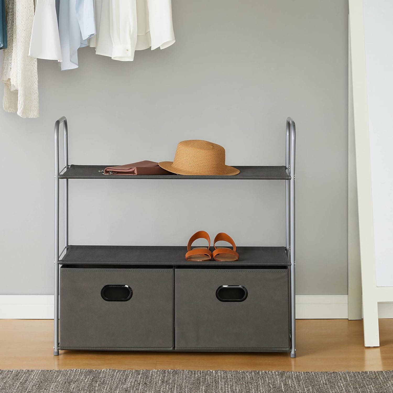 Amazon Basics Freestanding Closet Organizer with Fabric Bins, Drawers and 3 Shelves, Easy to Assemble, Grey, 32.7" x 12.2" x 31"