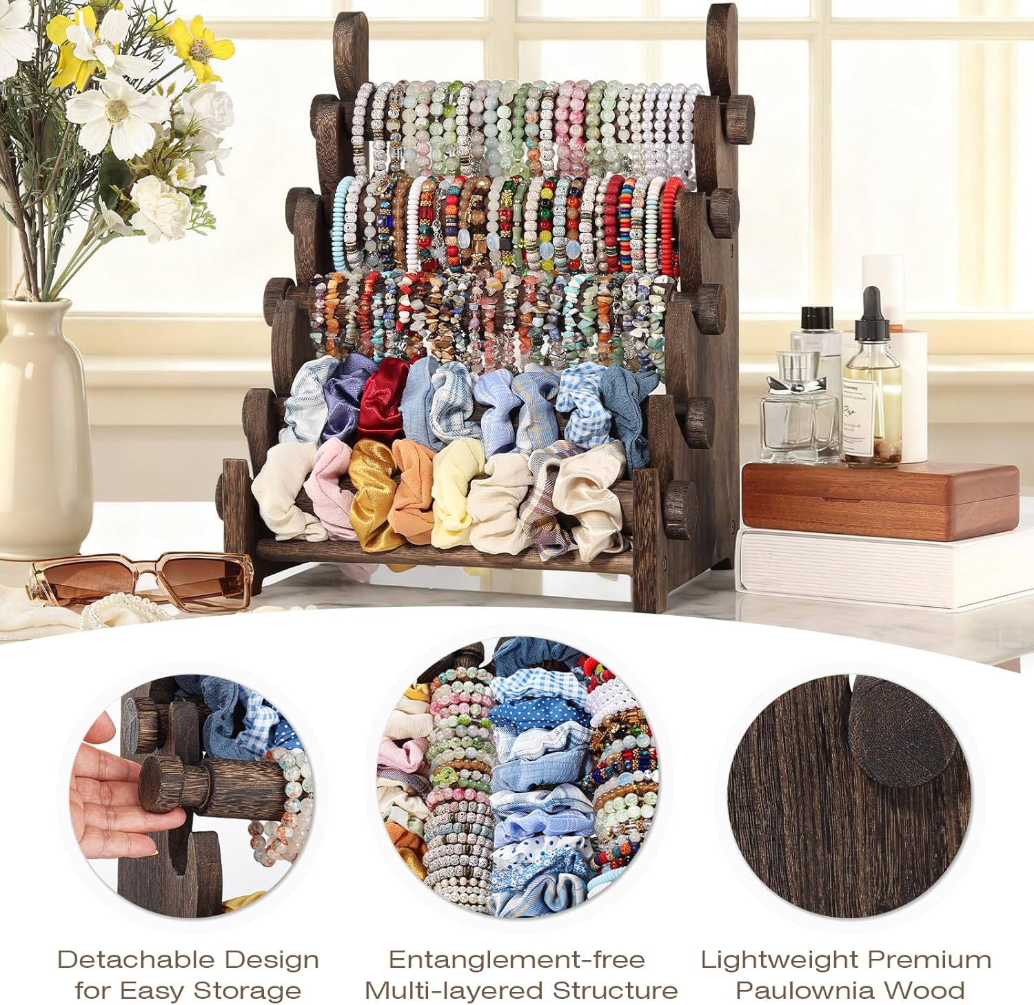 TOPNEW 5 Tier Wooden Bracelet Holder, Scrunchie Bangle Watch Necklace Display Storage Jewelry Holder Stand Display Organizer, Brown