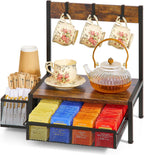 Tea Bag Organizer, Wood Tea Organizer and Storage Cheast, Tea Bag Holder with Storage Drawer, 4 Hooks for Tea Cups Holder, Tea Station Chest Display Container Box for Countertop Kitchen