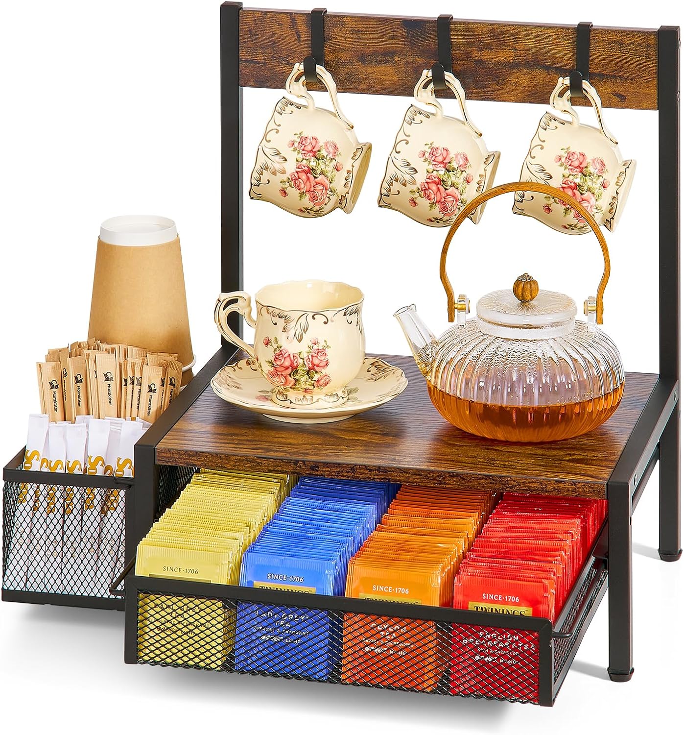 Tea Bag Organizer, Wood Tea Organizer and Storage Cheast, Tea Bag Holder with Storage Drawer, 4 Hooks for Tea Cups Holder, Tea Station Chest Display Container Box for Countertop Kitchen