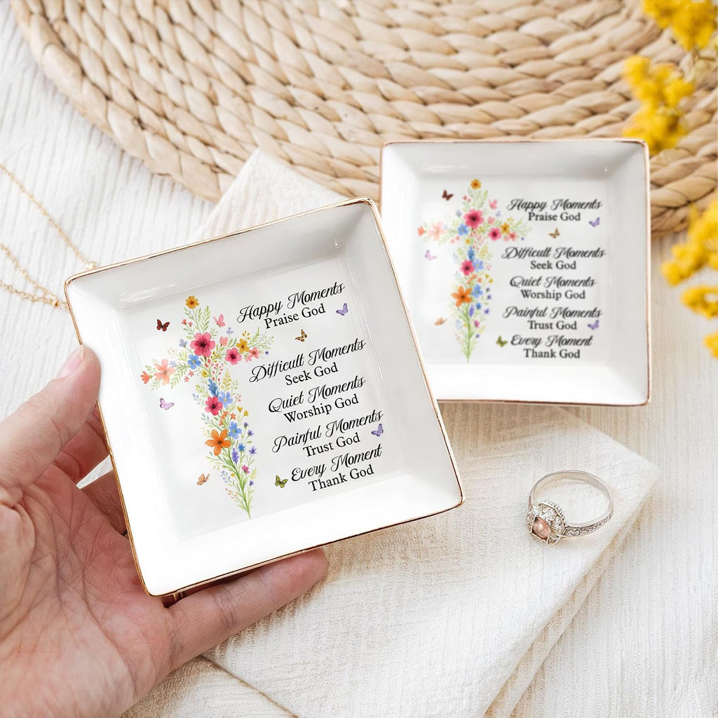 Christian Gifts for Women, Faith Inspirational Gifts - Floral Cross 4" Jewelry Dish, Religious Gift for Mom, Sister, Daughter, Friends - Catholic Bible Verse, Communion, Confirmation Gift for Her