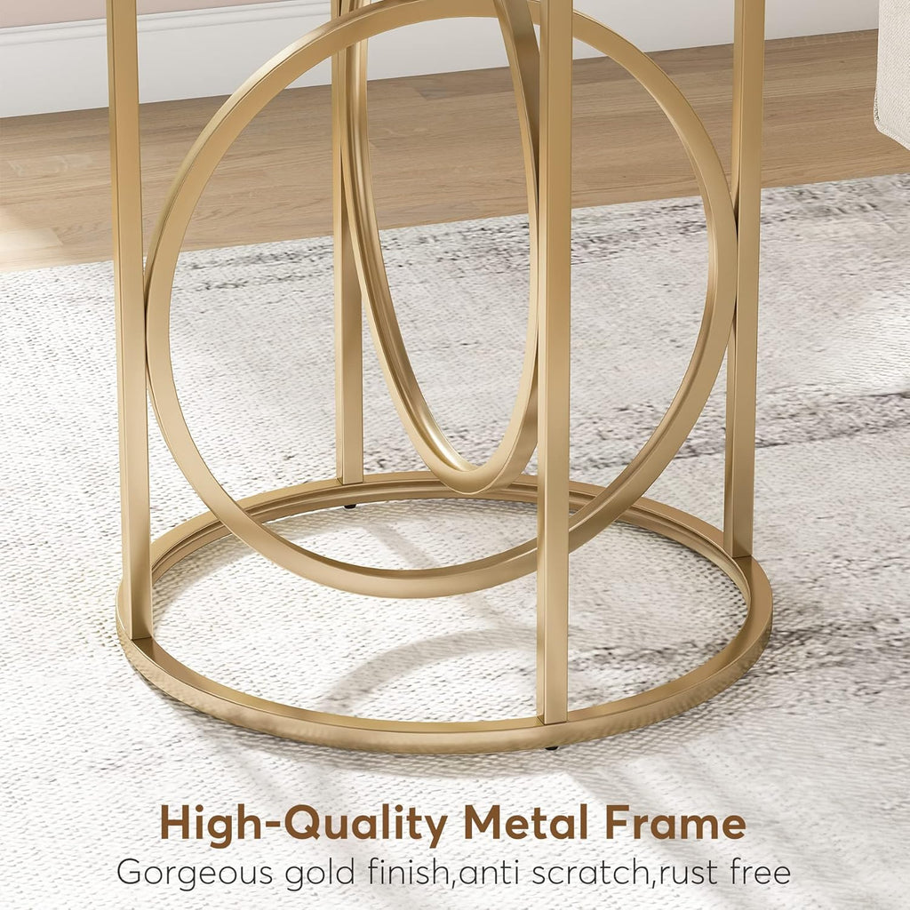 LITTLE TREE 20” Round End Table，Modern Sofa Side Table with Gold O-Shaped Base, Faux Marble White Cocktail Table Accent Table Nightstand for Living Room Bedroom