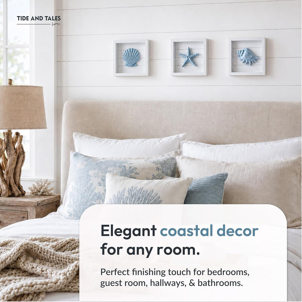 Tide and Tales 3D Coastal Wall Art, Beach Wall Decor, Framed Set of 4, Blue