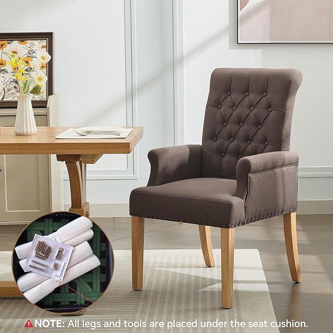 Fabric Dining Chair with Arms, Upholstered Tufted High Back Dining Room Chairs, Accent Armchair with Solid Wood Leg and Nailhead Trim, Kitchen Dining Living Room, Brown