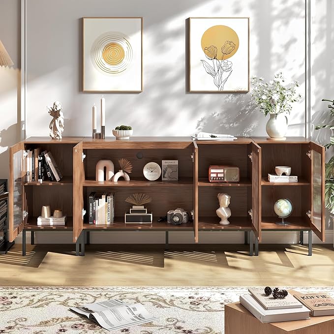 Modern TV Stand for TVs up to 85 Inch, Entertainment Center TV Console with Storage Cabinets and Glass Doors, Media Console for Living Room, Brown