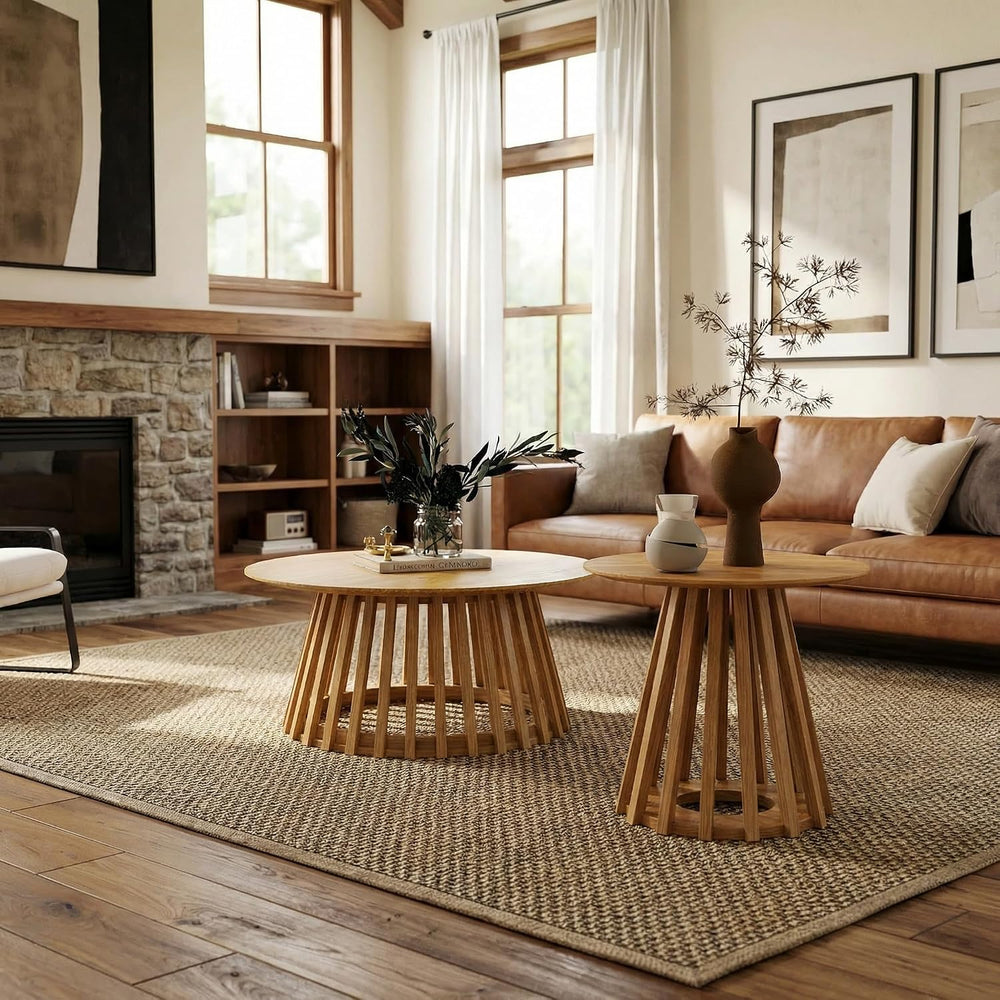 DUOMAY Modern Solid Round Side Table with Geometric Base, Natural Wood Accent...