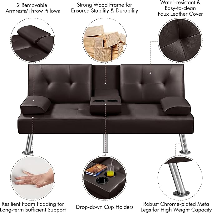 Yaheetech Convertible Sofa Adjustable Couch Sleeper Modern Faux Leather Home Reversible Loveseat, Removable Armrests, 3 Angles, 772lb Capacity, Espresso