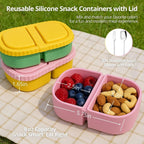 4 Pack Reusable Silicone Snack Containers with Lid, Strap, Spoon & Fork-2 Compartments Portable Mini Containers，Silicone Snack Storage Box for Picnic, Office, School(blue+green+pink+orange)