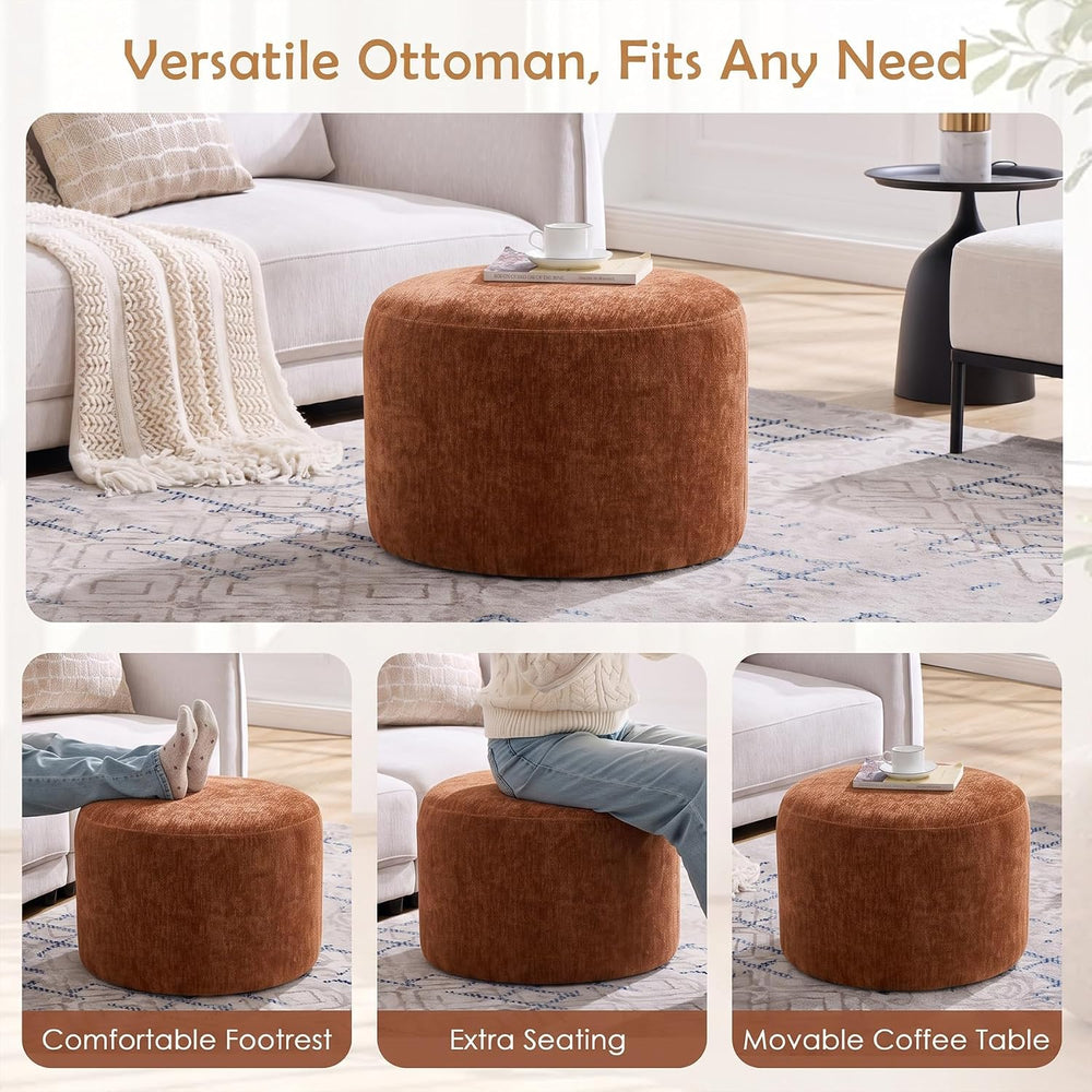 Upholstered Round Pouf Ottoman, Modern Footstool, Orange-Brown | Small Chenil...