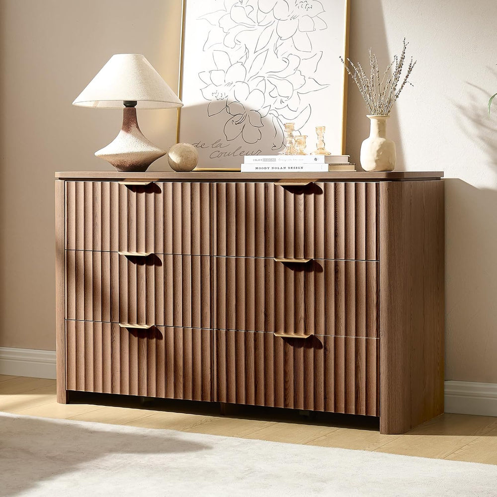 Fluted 6 Drawers Dresser for Bedroom-47.3" Wide Wooden Chest of Drawers ...
