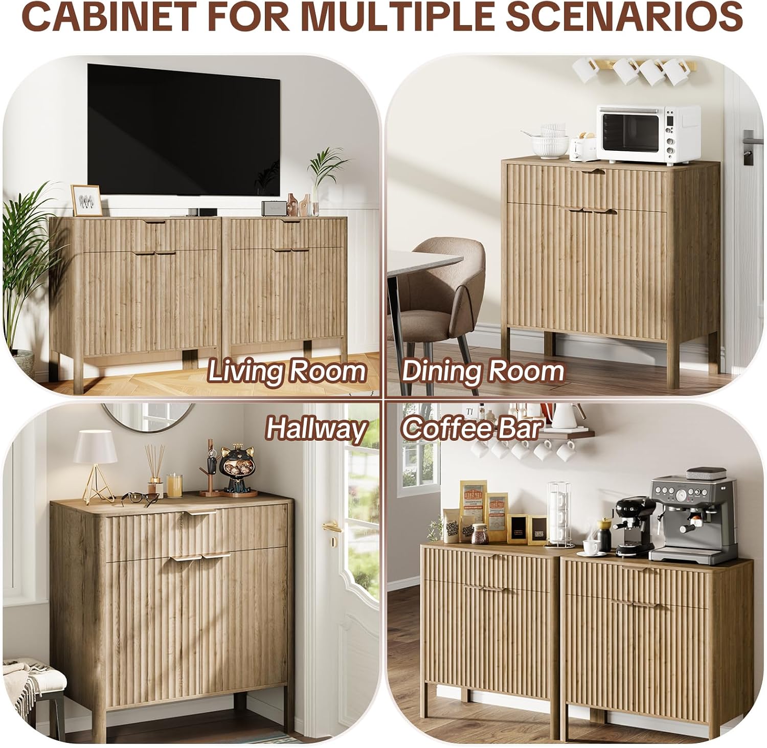 Fluted Buffet Cabinet Accent with Doors & Drawer 31" Oak | Anti-tipping Design, Scratch & Water-resistant, Pre-drilled Easy Assembly Versatile for Kitchen, Entryway & Living Room