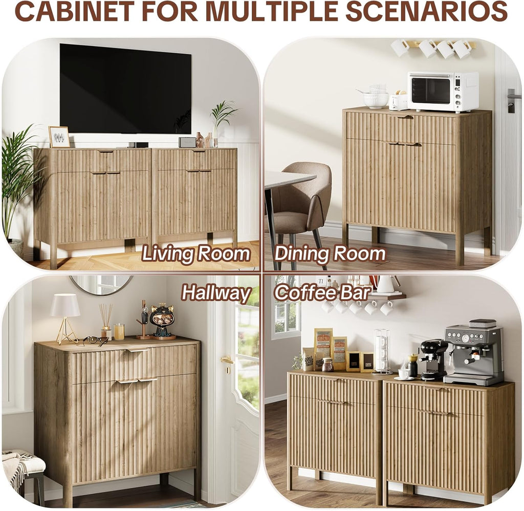 Fluted Buffet Cabinet Accent with Doors & Drawer 31" Oak | Anti-tipping Design, Scratch & Water-resistant, Pre-drilled Easy Assembly Versatile for Kitchen, Entryway & Living Room
