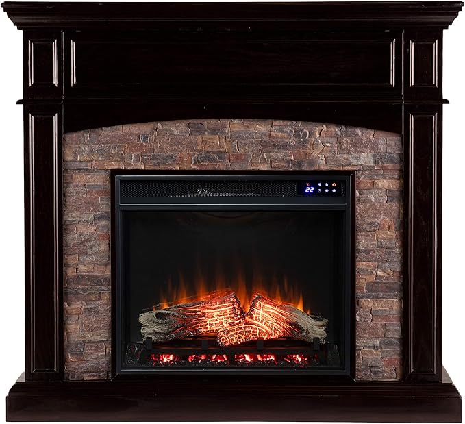 SEI Furniture Grantham Faux Stone Corner Electric Fireplace with Hidden Media Shelf, New Ebony