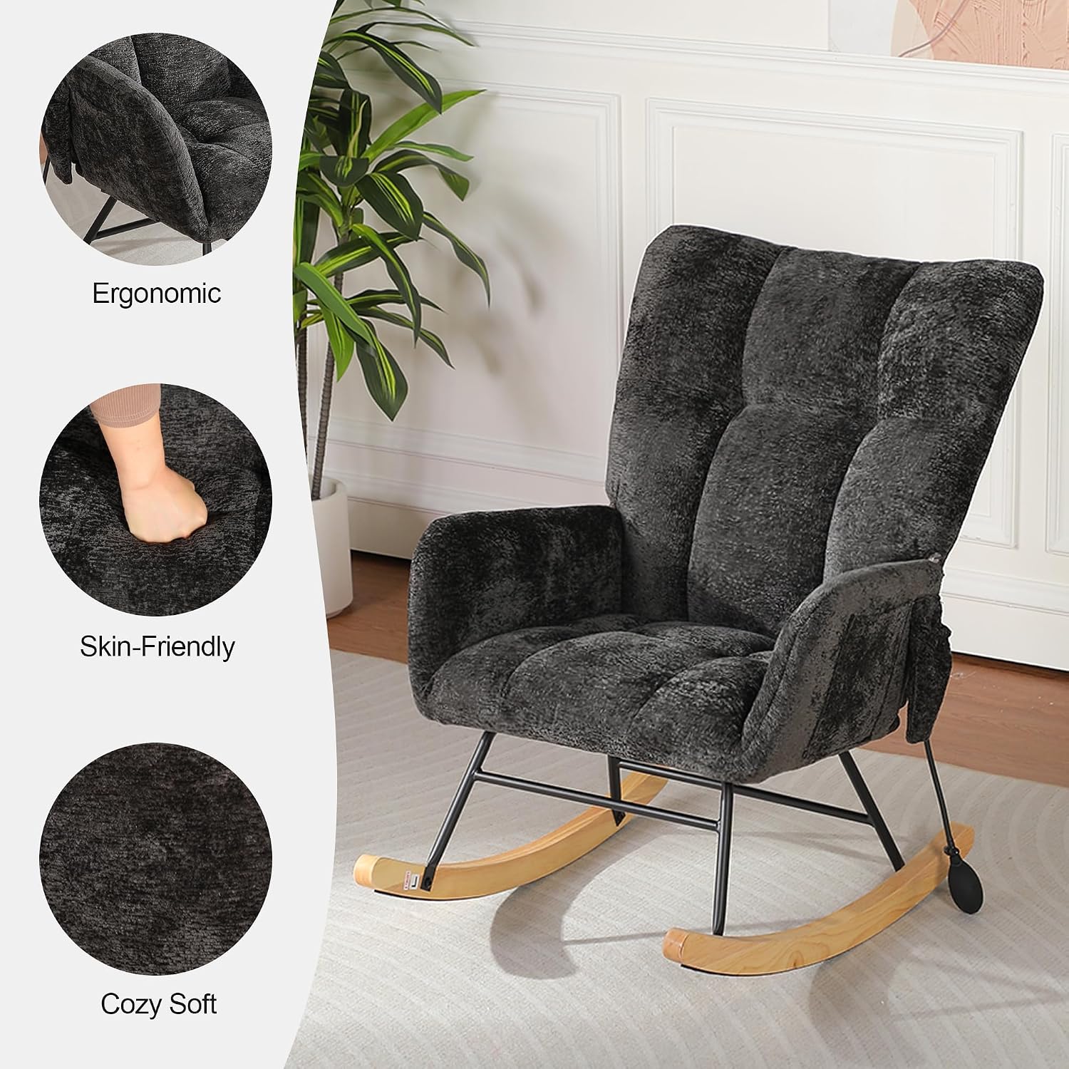 Rocking Chair Nursery with Airbag, Comfy Modern Nursery Rocking Reading Chair Indoor, Cozy Upholstered Glider Rocker Chairs with High Backrest for Living Room Bedroom Offices(Chenille, Black)