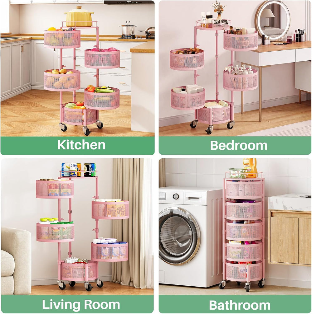 SAYZH 5 Tier Fruit Vegetable Basket Stand for Kitchen, Rotating, Pink | Rolli...